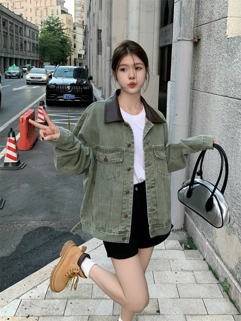 Army Green Denim PU Leather Collar Jacket