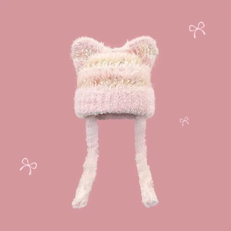 Fuzzy Knitted Ribbon Kitty Hat