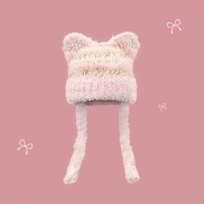Fuzzy Knitted Ribbon Kitty Hat