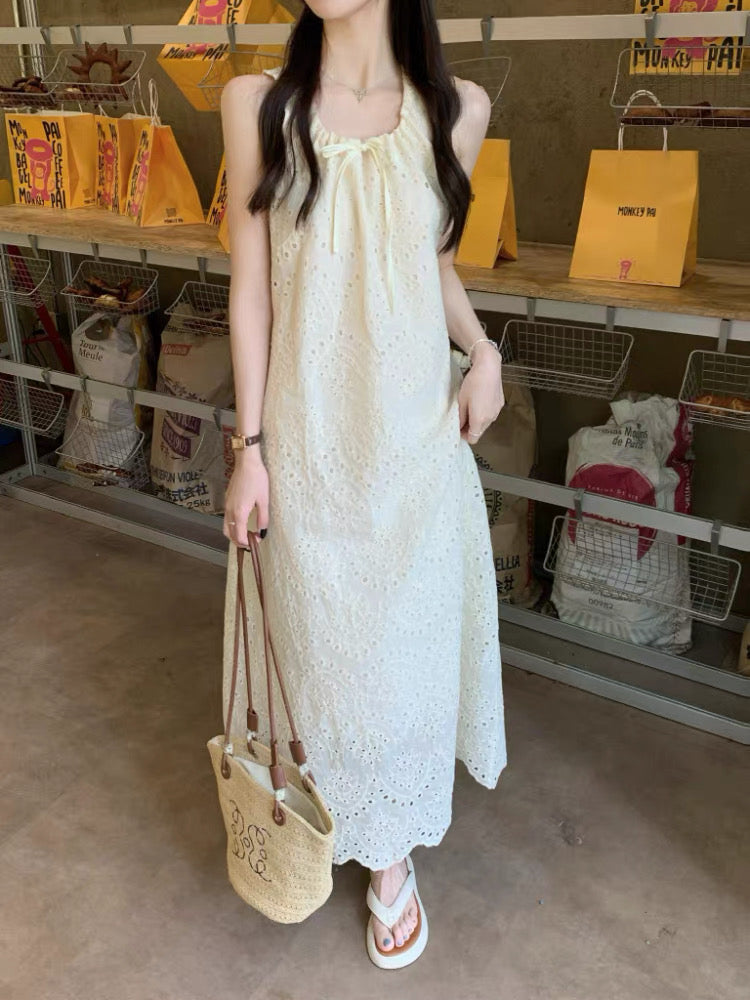 U Collar Embroidery Long Dress (Beige, White)