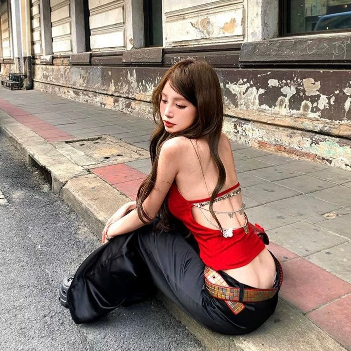 Round Collar Bareback Butterflies Chain Top