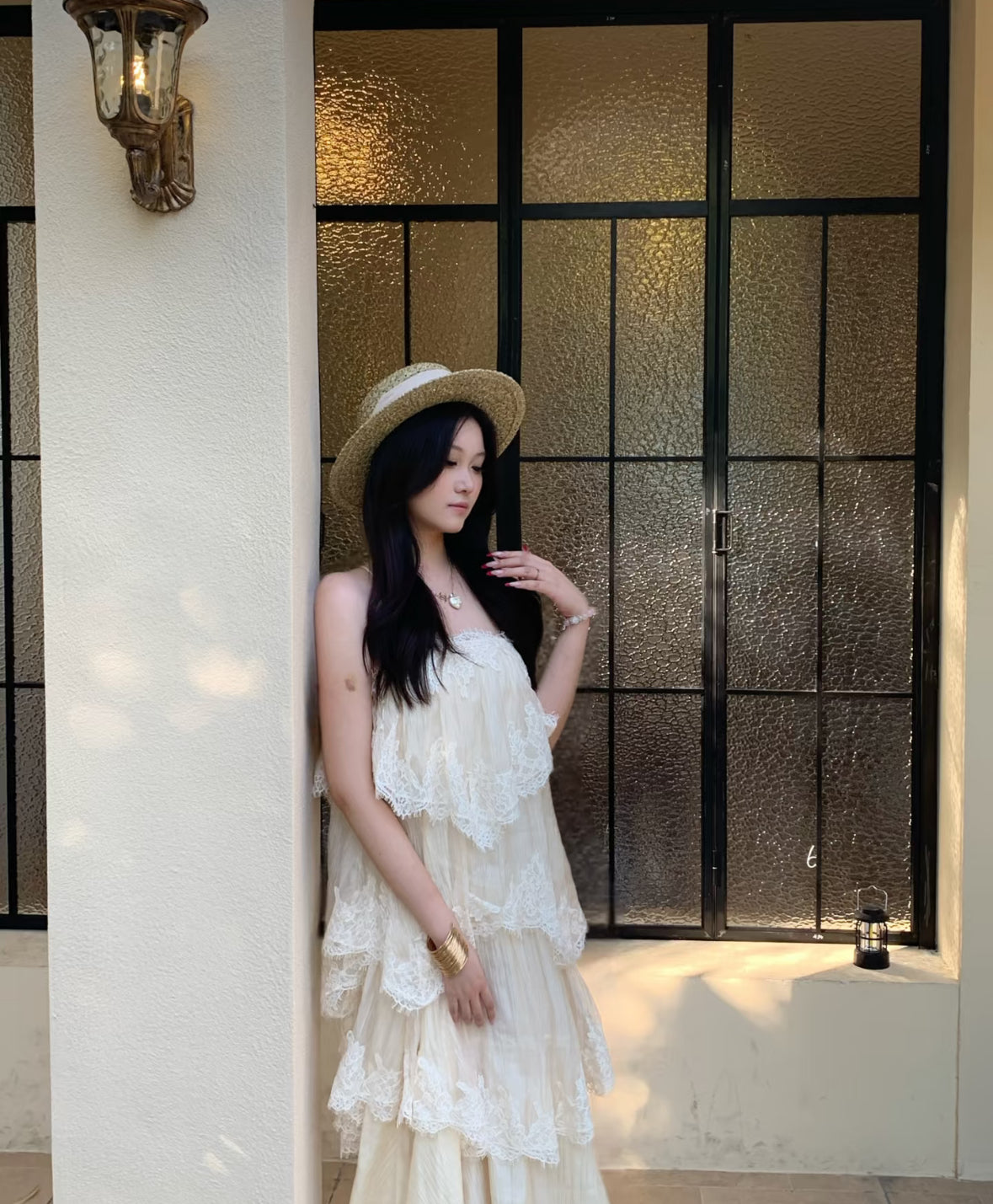 Chiffon Mix Lace Thin Bareback Long Dress