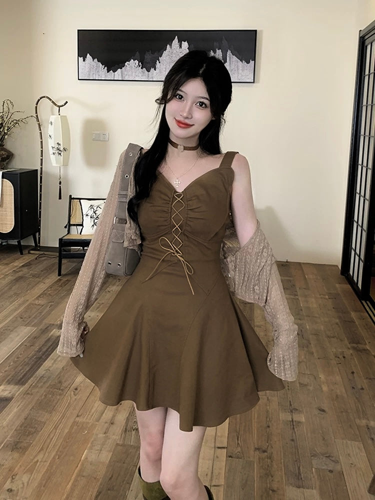 Chocolate Dress + Lace Cardigan Set (S ~ XL)