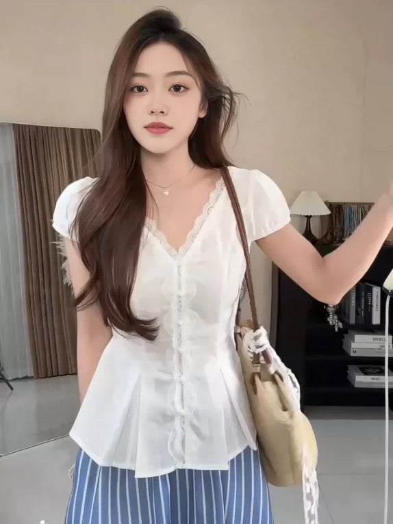 V Collar White Top