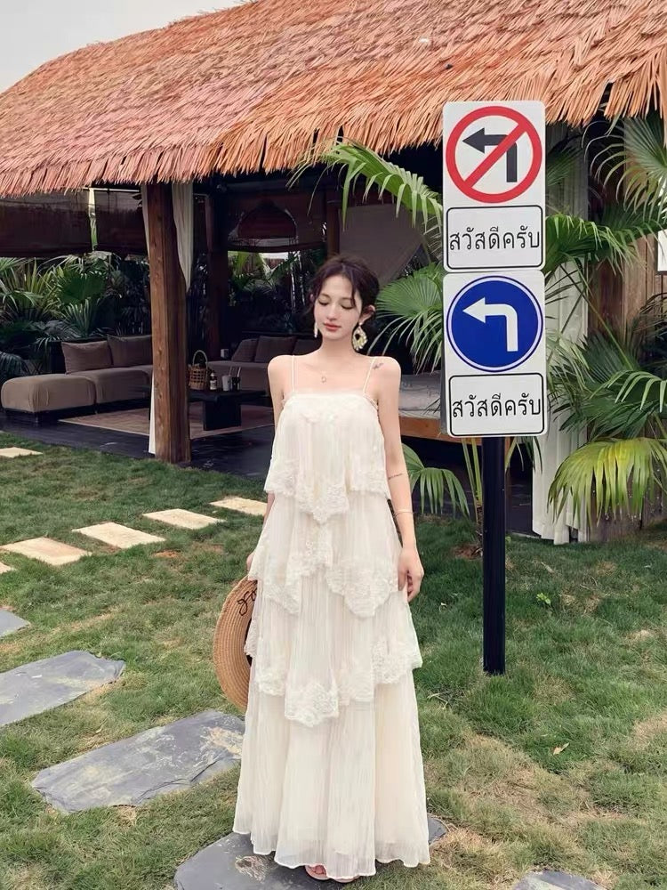 Chiffon Mix Lace Thin Bareback Long Dress