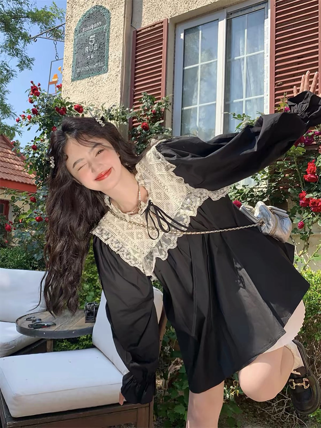 Laces Collar Black Long Sleeve Top