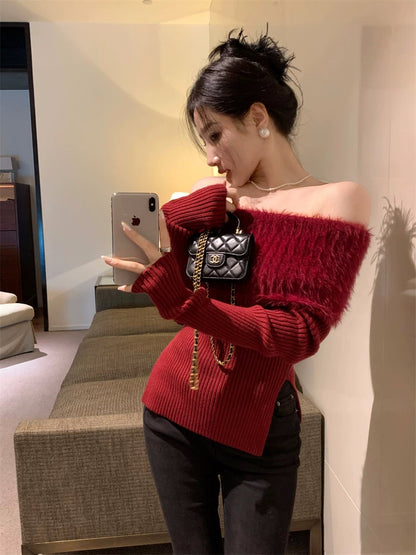 Off Shoulder Long Sleeve Knitted Top (Wine Red)