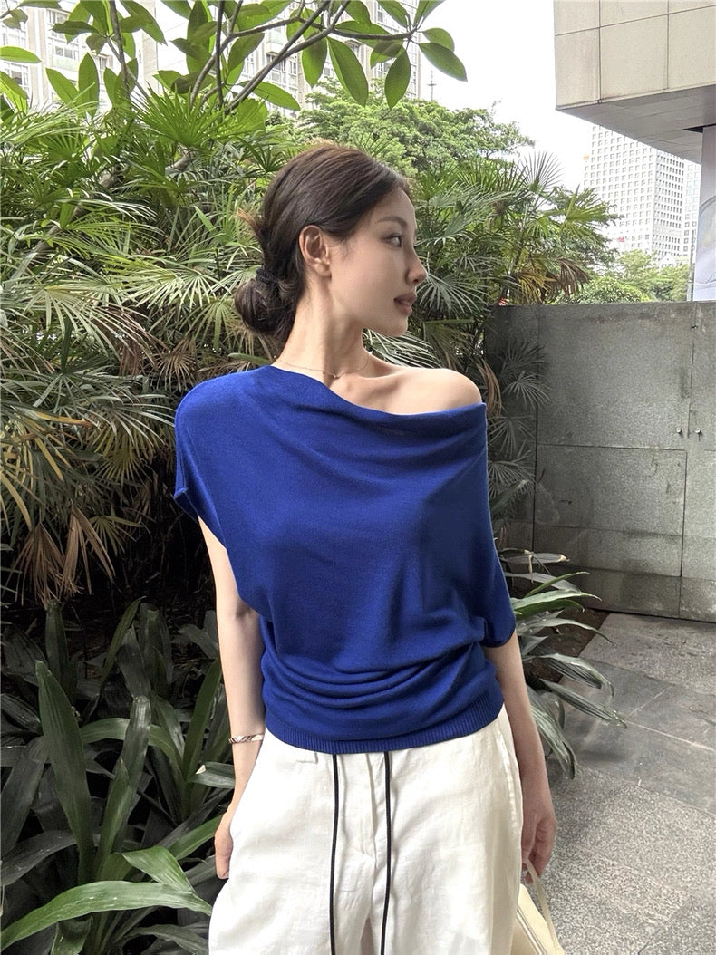 Off Shoulder Collar Top (Beige, Blue)