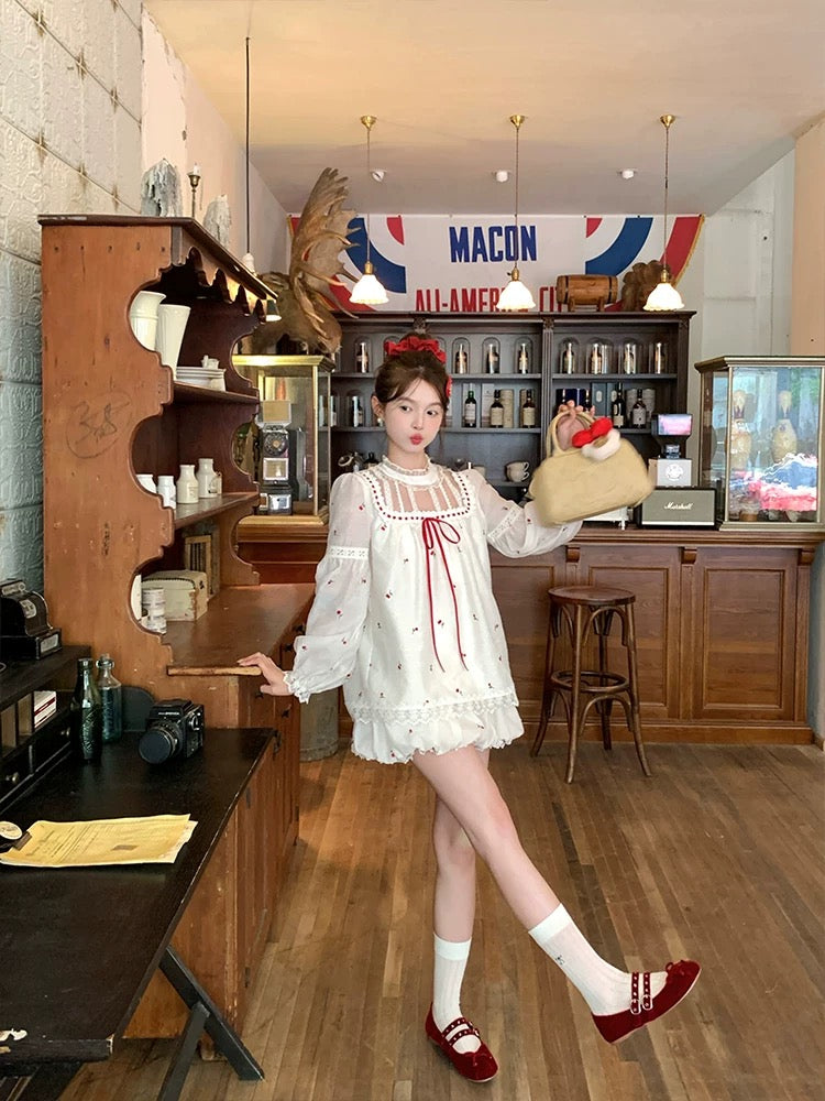 Dolly Beige Cherries Top + Skirt Two Piece Set (M)