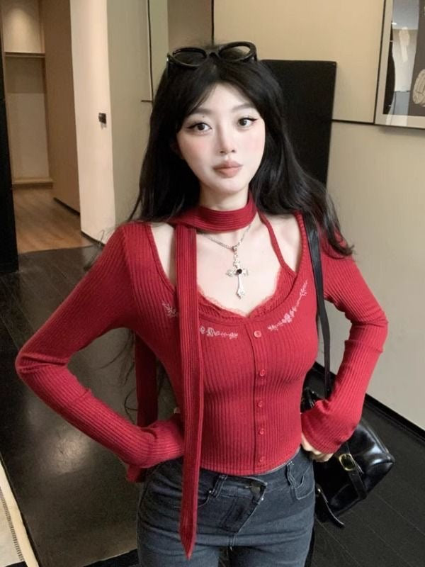 Knitted Long Sleeve Top with strap (Black, Red)