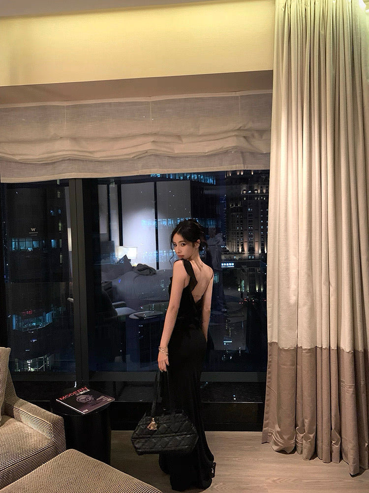 Side Flare Strap Mix Lace Long Dress (Yellow, Black)