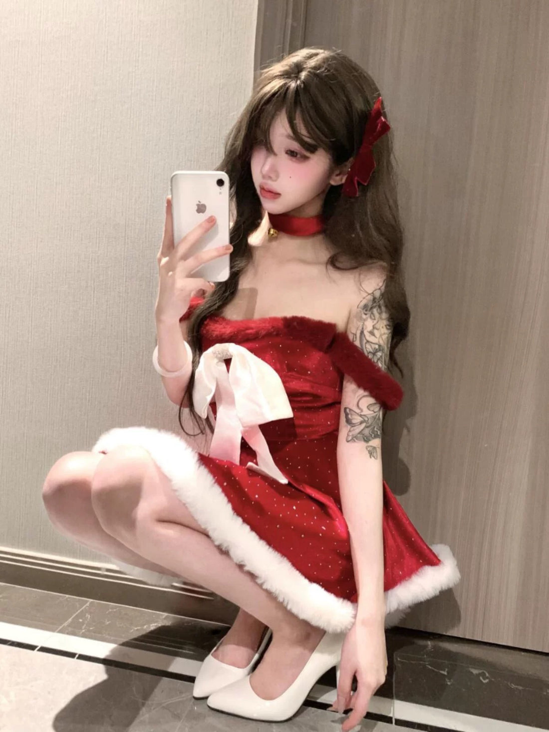 Christmas Off Shoulder Long Sleeve Dress + Collar + Hair Clip Set C006