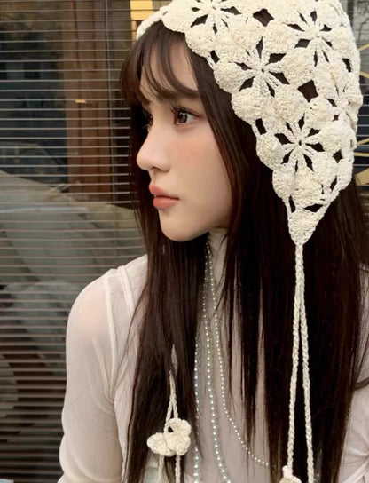 Beige Strap Knitted Embroidery Hat