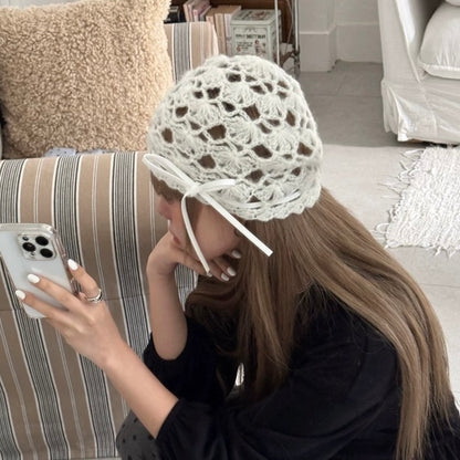 White Ribbon Knitted Embroidery Hat