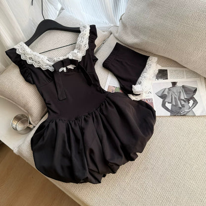 White Lace Collar Black Dress + Shorts Two Piece Set