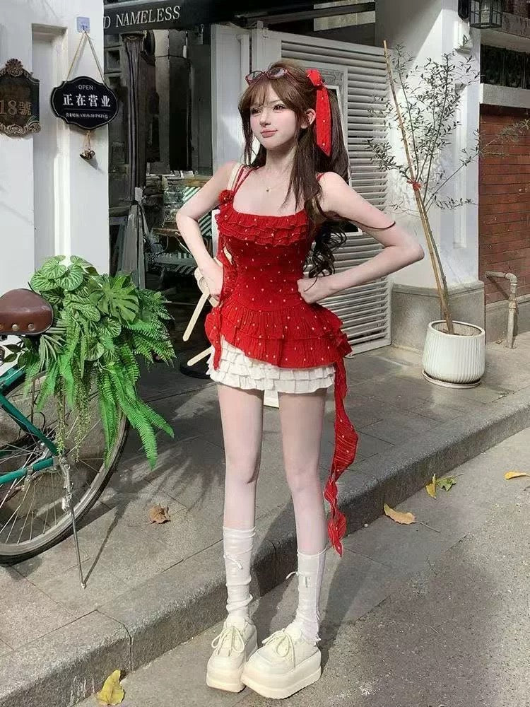 Mini White Flo Red Top + White Layered Skirt (S)