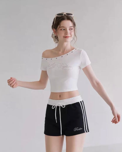 White Off Side Shoulder Diamond Print Top