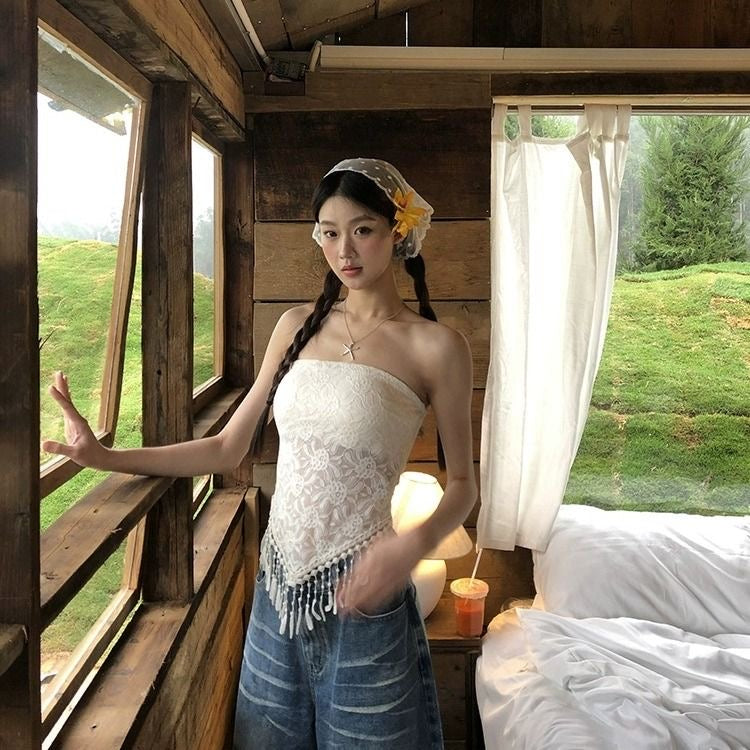 Lacey Tube Top (White, Beige)