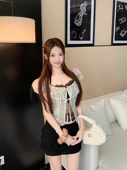 Black Inner Top + Cream Mesh Top Set