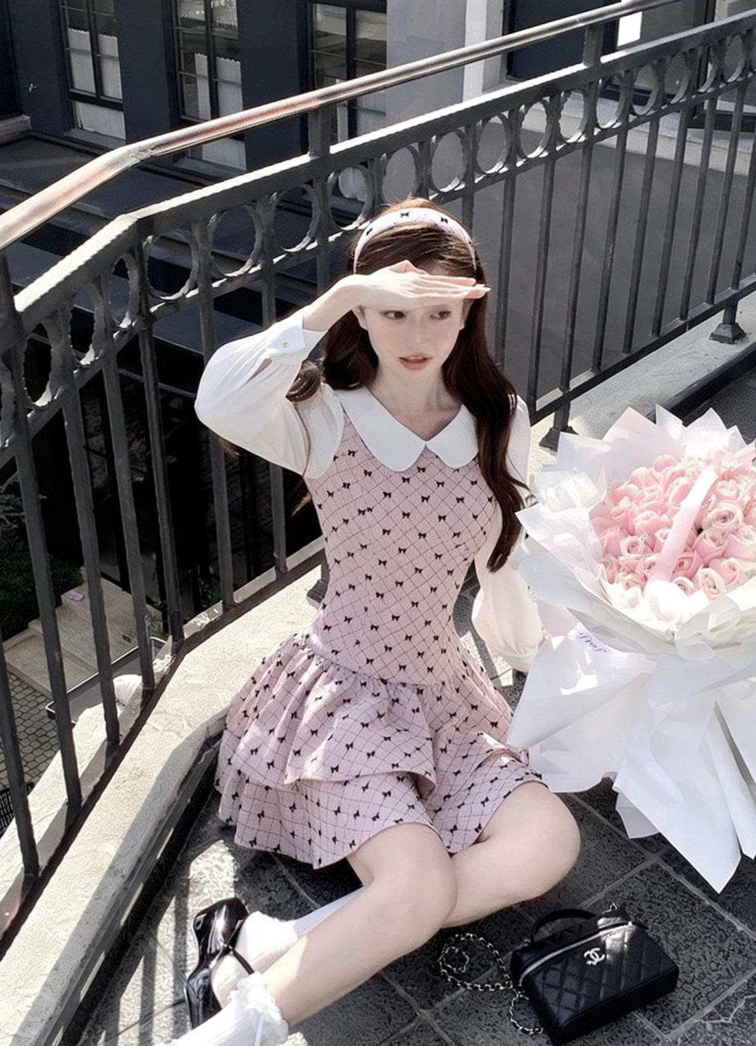 Premium Pinky Bow Long Sleeve Dress