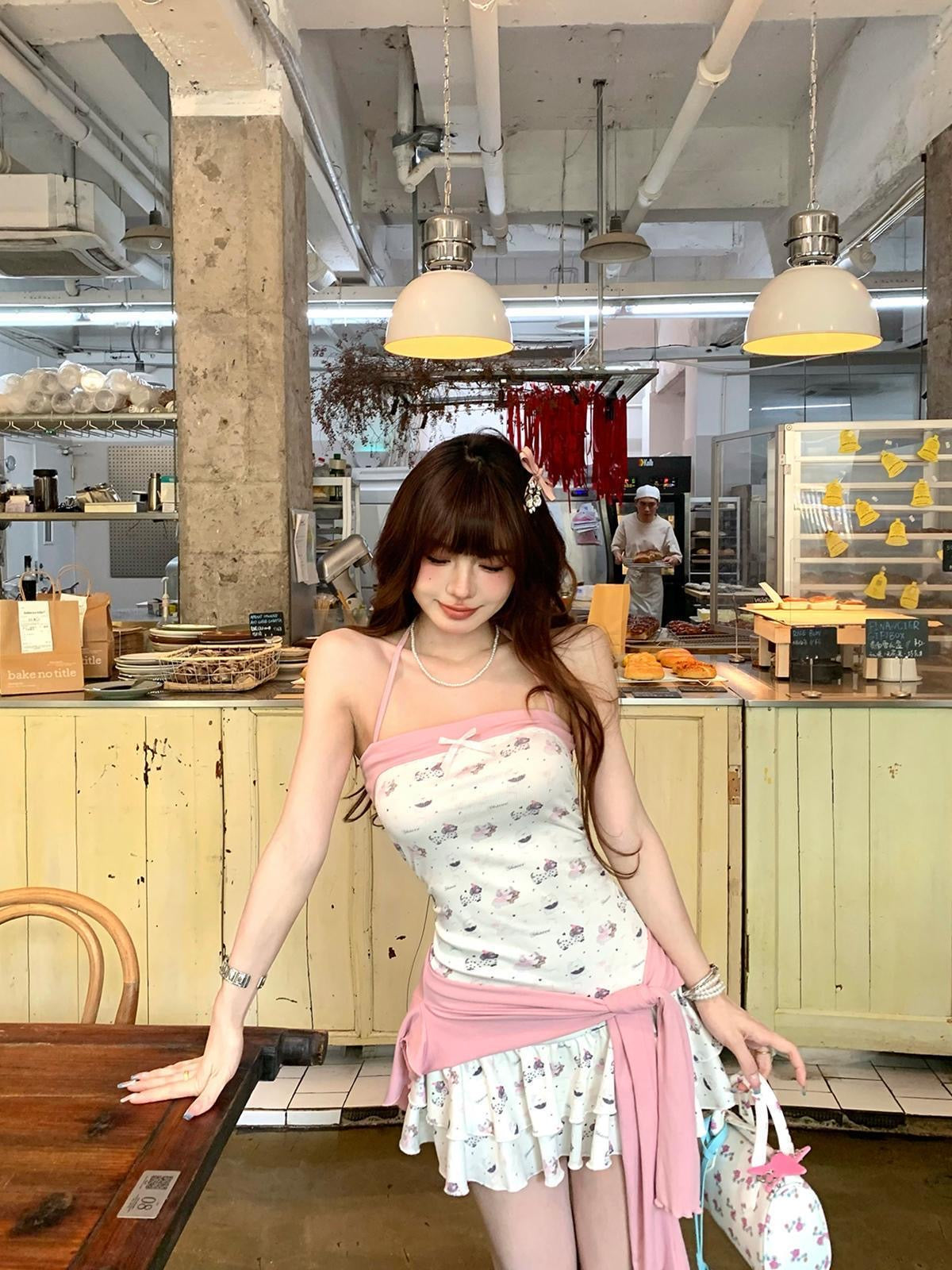 Doggie Tube Dress + Pink Cardigan Set