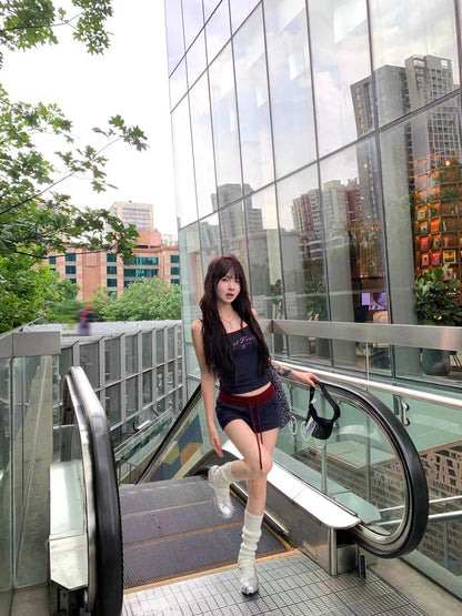 Navy Strap Top + Low Waist Shorts Two Pieces Set Homewear