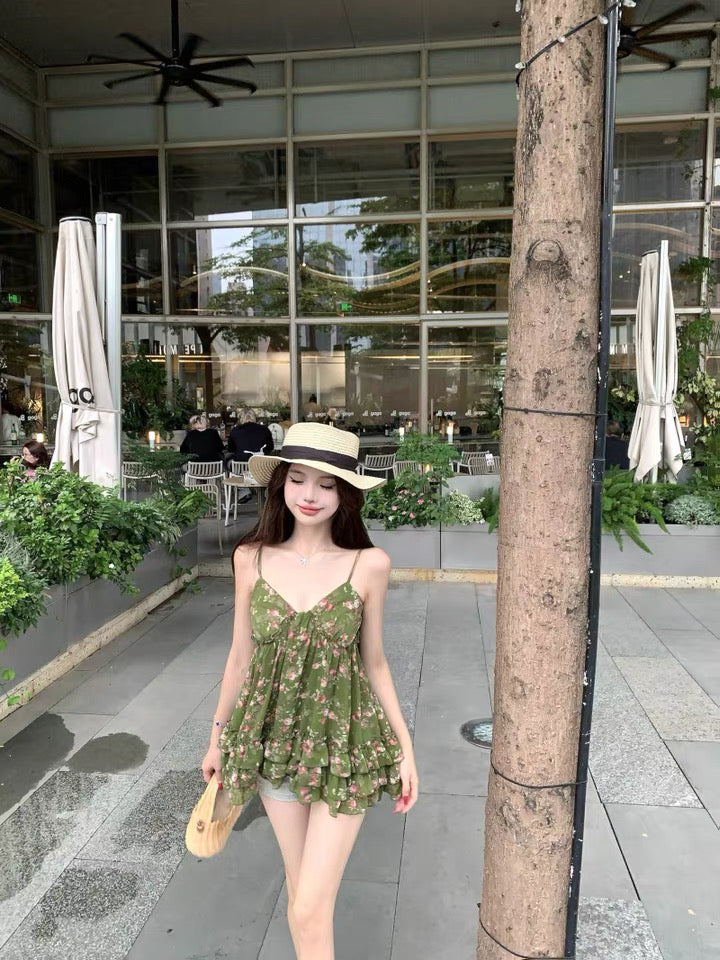 Green V Collar Chiffon Strap Floral Top