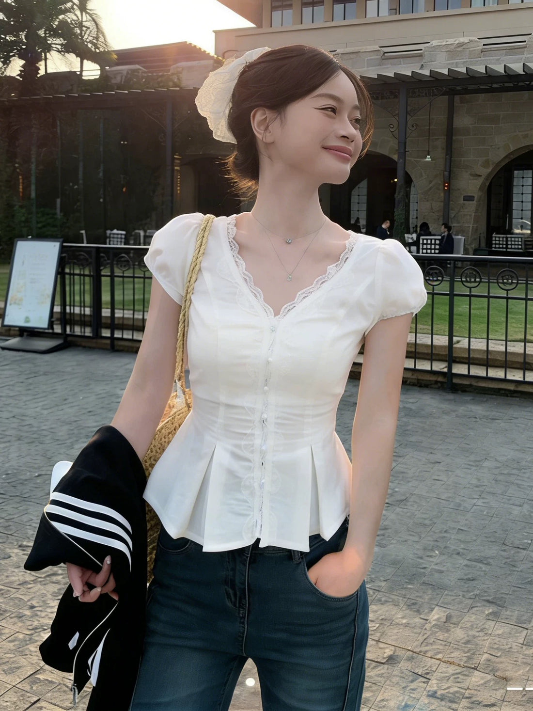 V Collar White Top