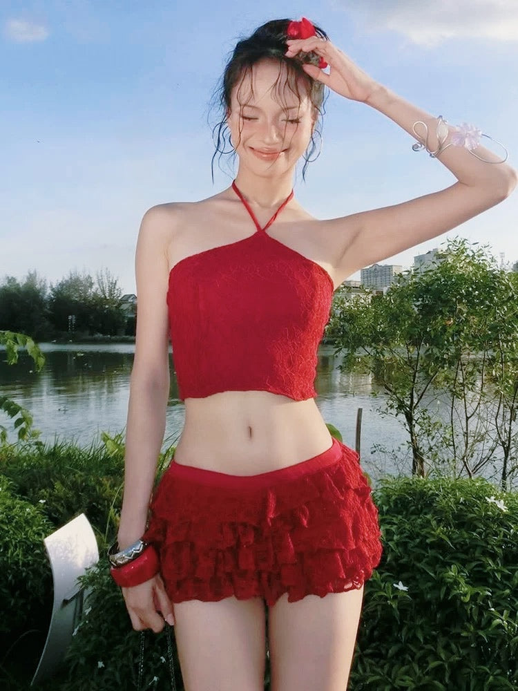 Red Laces Top + Mini Cake Skirt Two Pieces Set