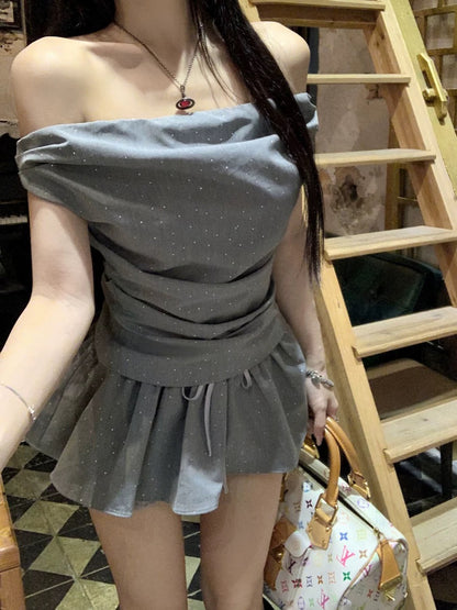 Grey Top + Skirt Two Pieces Set