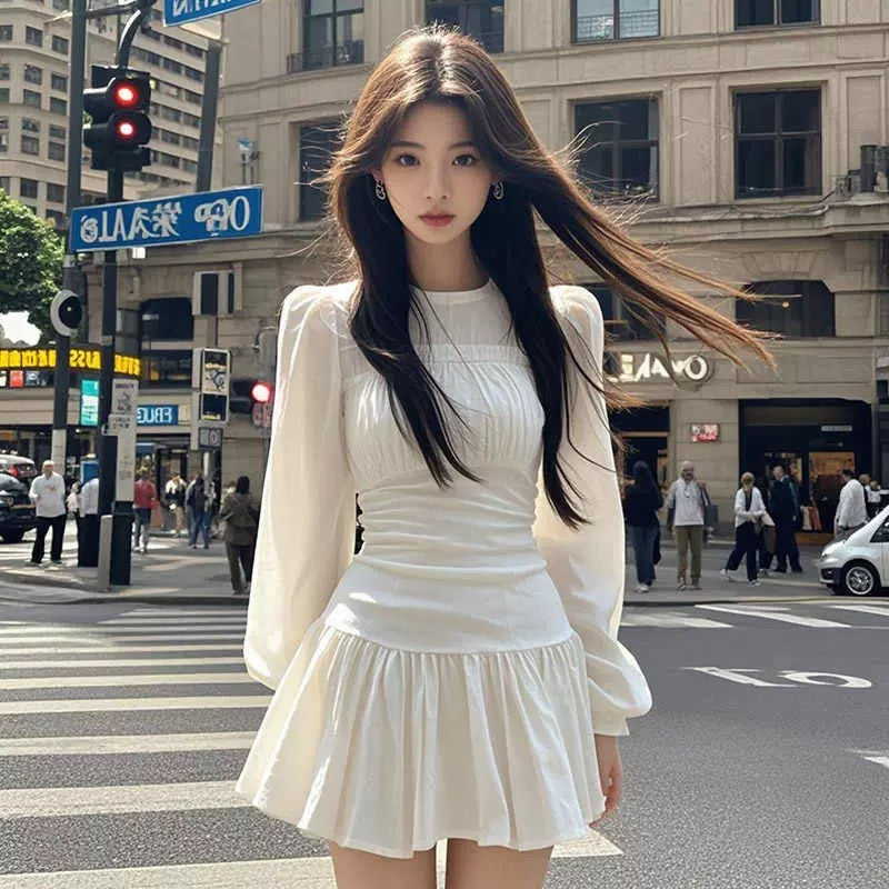 Round Collar Cream Long Sleeve Dress