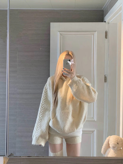 Thick Hoodie Cream Knitted Top + Shorts Two Piece Set