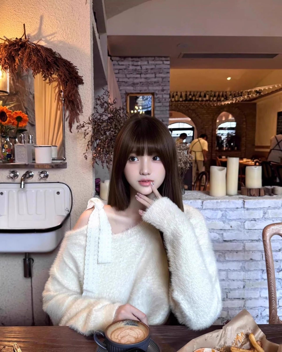 Cream White Mix Lacey Knitted Long Sleeve Top