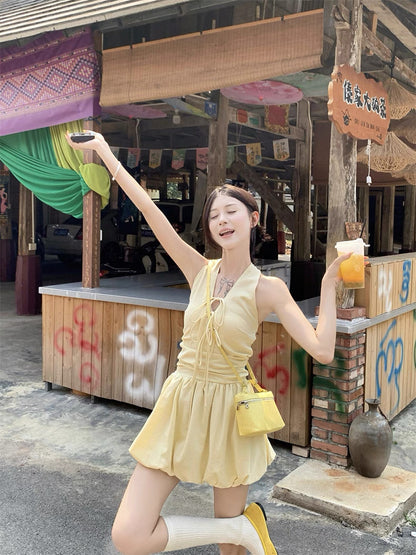 Round Collar Yellow Mini Dress