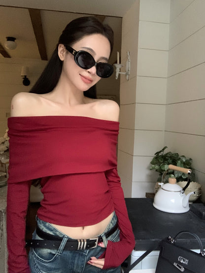 Off Shoulder Wine Red Long Sleeve Top