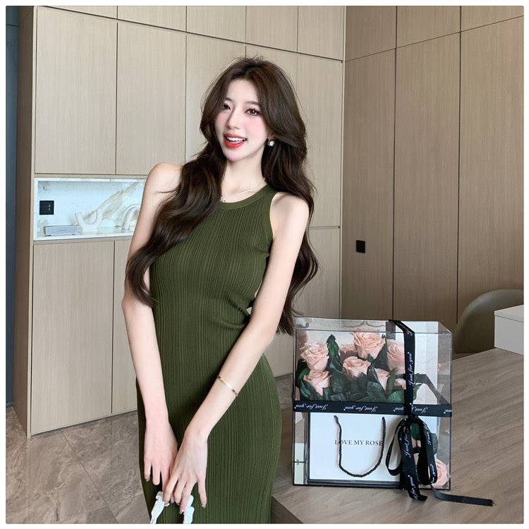 Sleeveless Khaki Knitted Long Dress