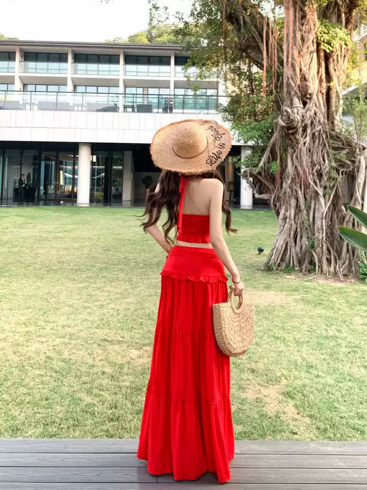 V Collar Top + Long Skirt Two Pieces Set