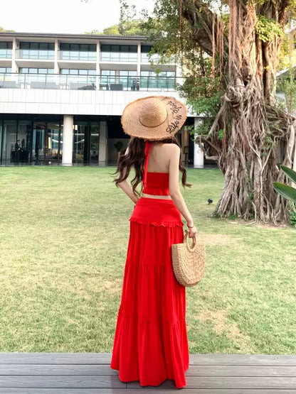 V Collar Top + Long Skirt Two Pieces Set