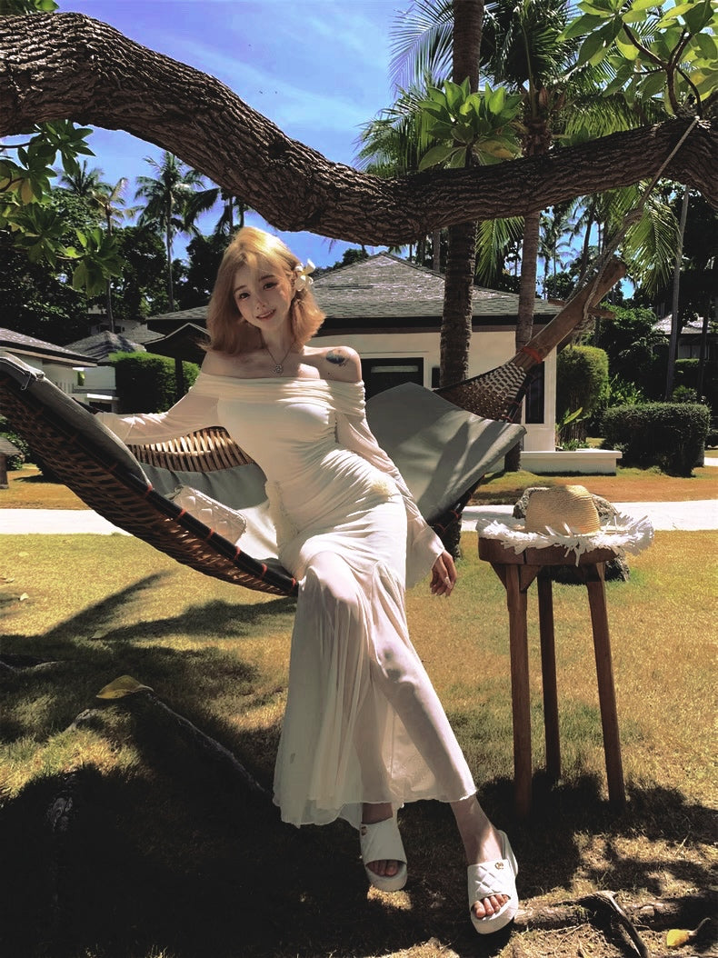 Beige Off Shoulder Mesh Dress