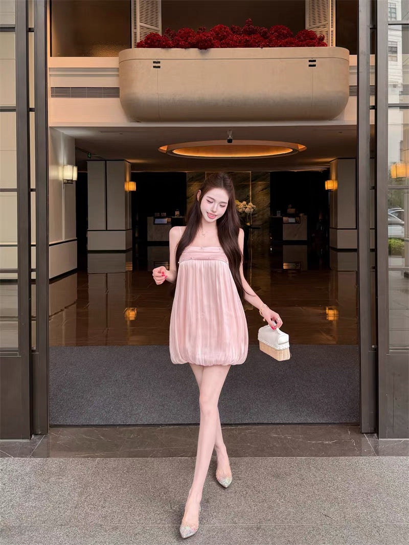 Baby Pink Tube Strap Mesh Dress