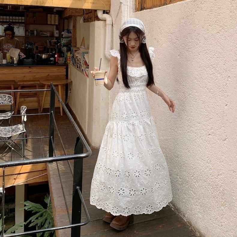 Ruffles Collar White Long Dress  (S, M)