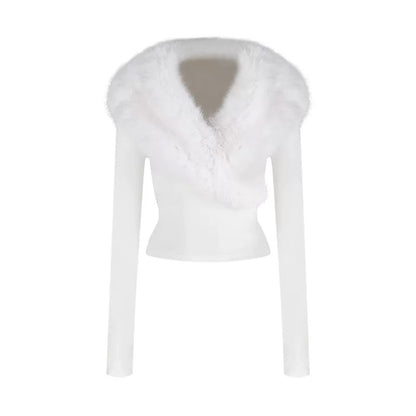 Furry Collar Knitted Long Sleeve Top (Black, White)
