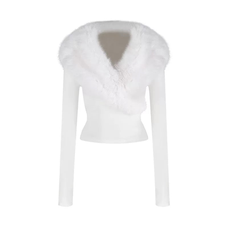 Furry Collar Knitted Long Sleeve Top (Black, White)