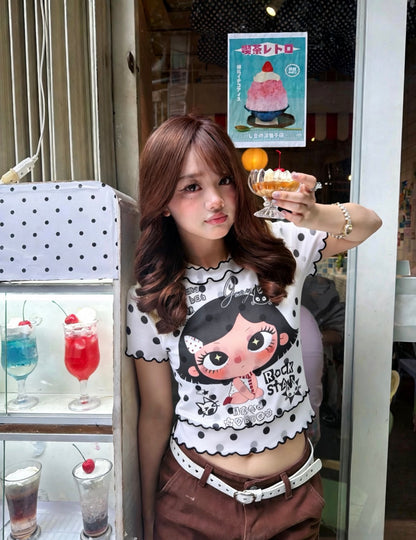 Black Dot White Mesh Top