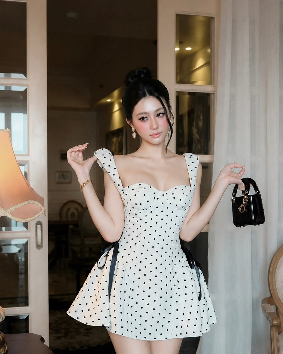 Polka Dot Side Ribbon Mini Dress