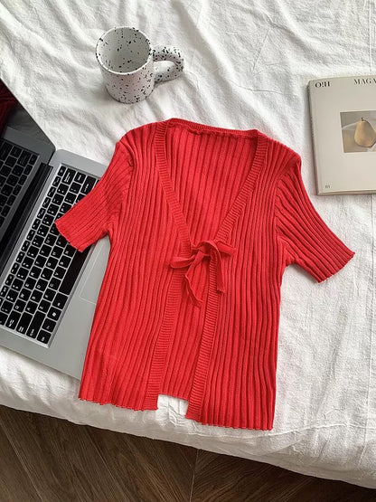 Red Short Sleeve Knitted Cardigan