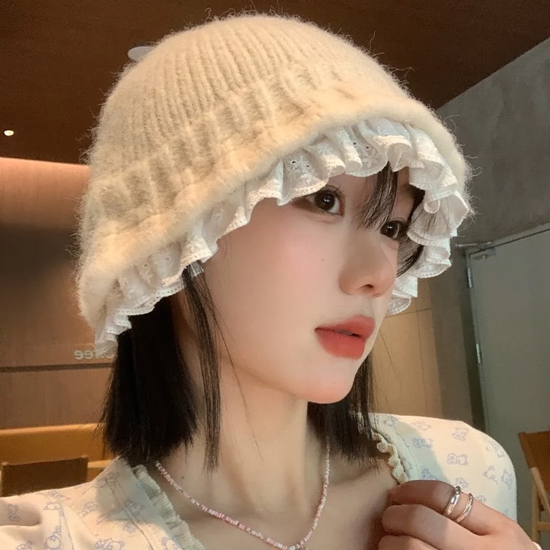 White Lace Mix Knitted Hat