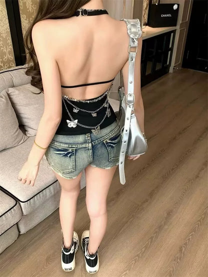 Round Collar Bareback Butterflies Chain Top