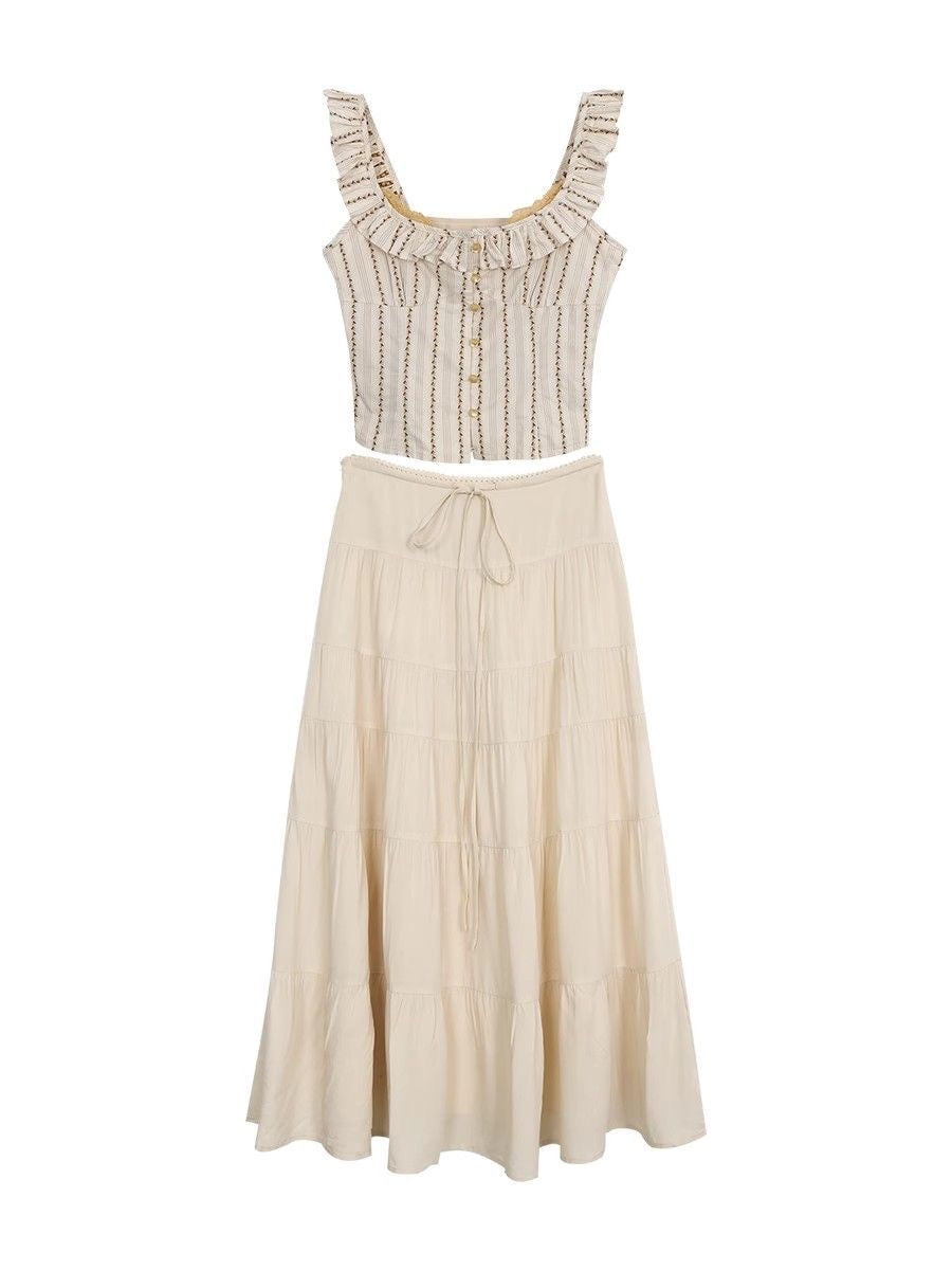 Beige Top + Long Skirt Two Piece Set