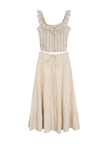 Beige Top + Long Skirt Two Piece Set